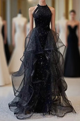 Black Long Mermaid Halter Sequined Tulle Semi Formal Prom Dresses